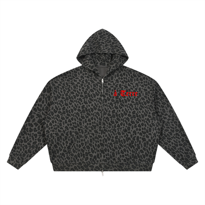 Unisex Leopard Print Waffle Full Zip Hoodie